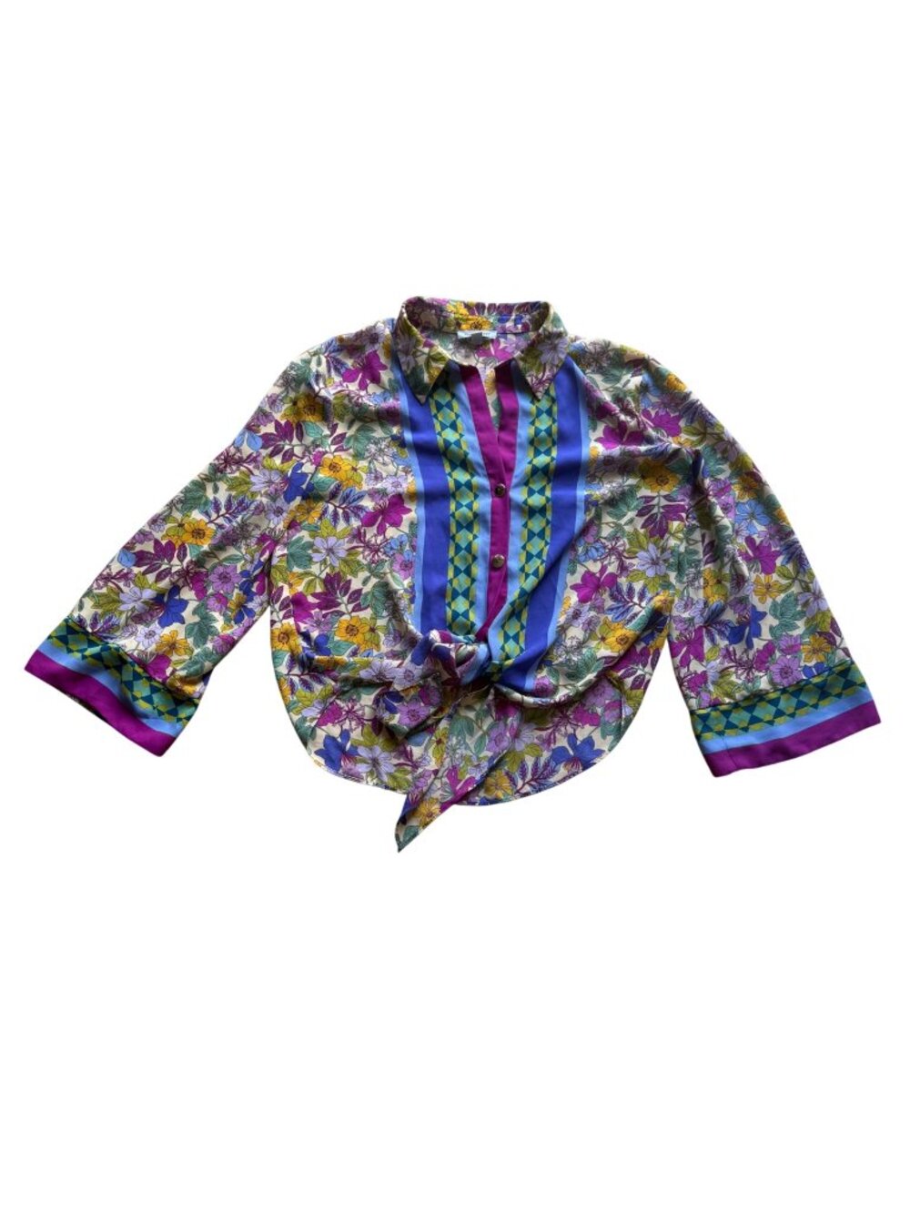 Floral & Ivy Women's Tie-Front Blouse S Multicolor Floral 3/4 Sleeve Y2K Boho